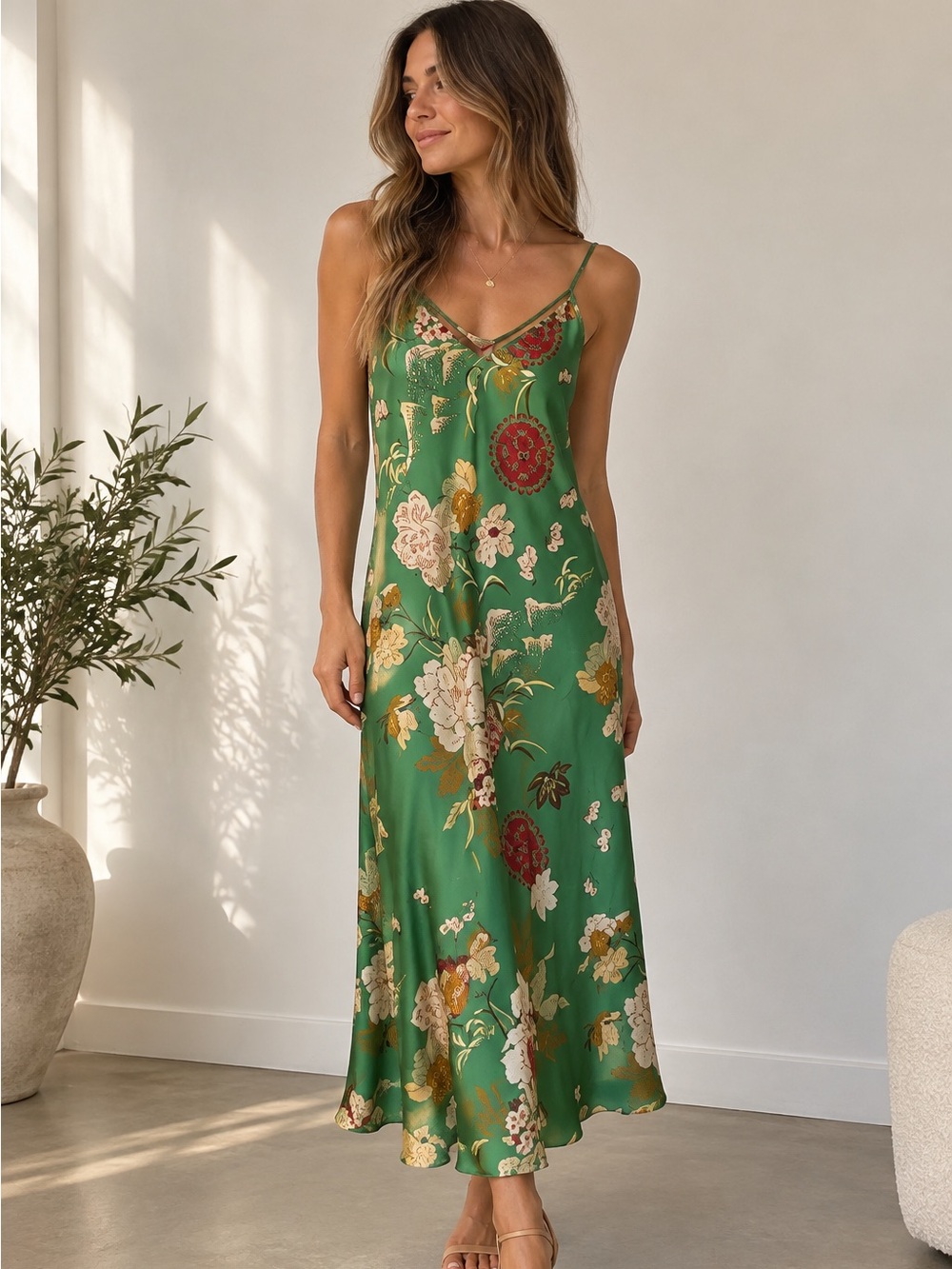 Zara Green Floral Slip Dress with Red & Cream Accents